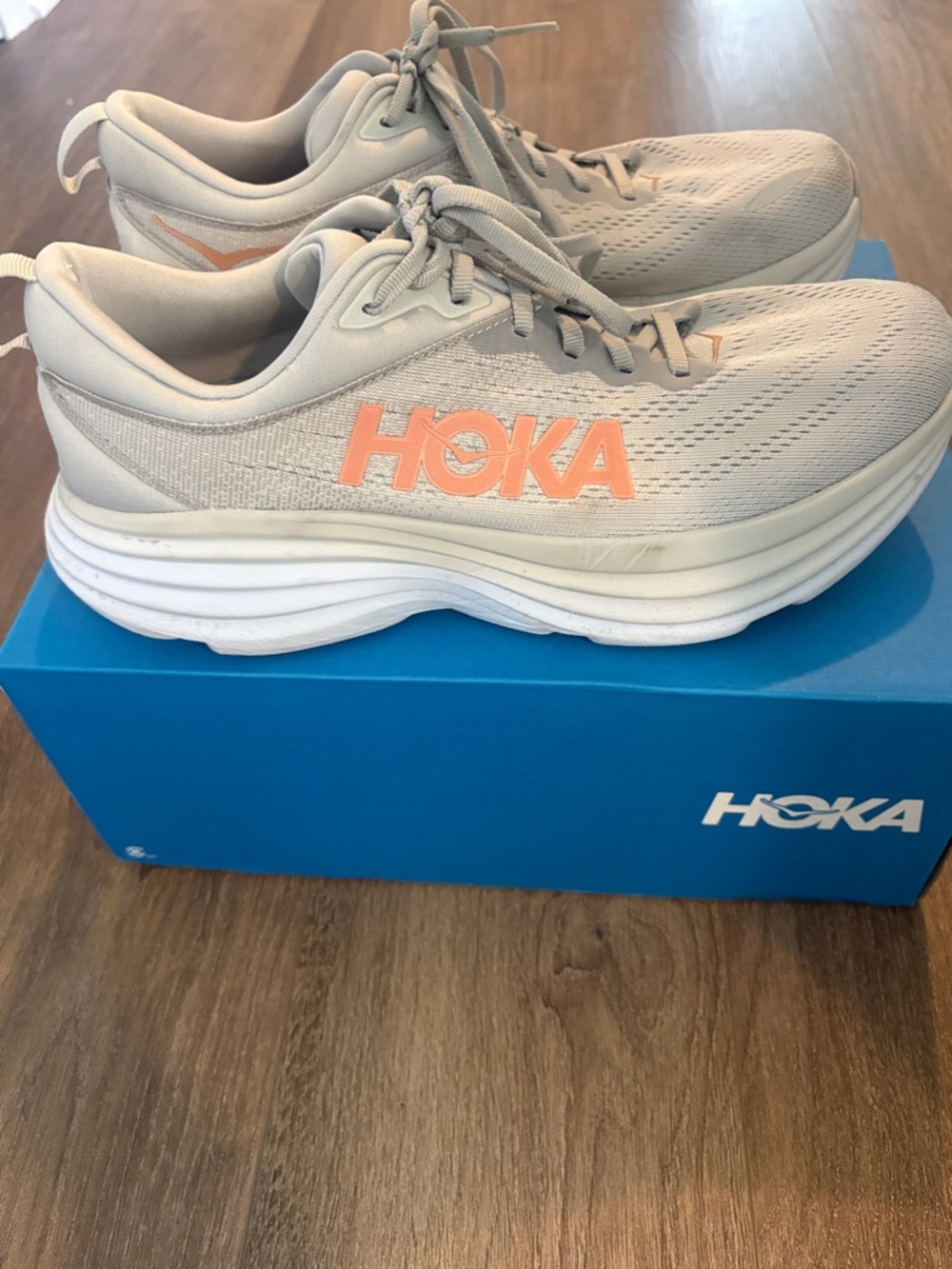 Hoka Light Gray Running Shoes with Coral Logo - Picture 8 of 10